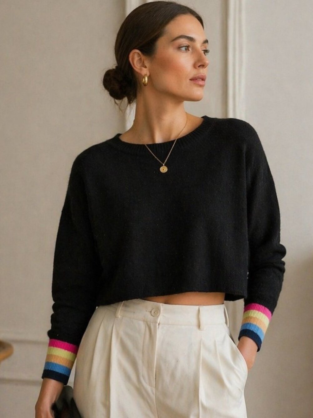Michael Lauren 100% Cashmere Cropped Sweater Black Rainbow Sleeve M Made Italy